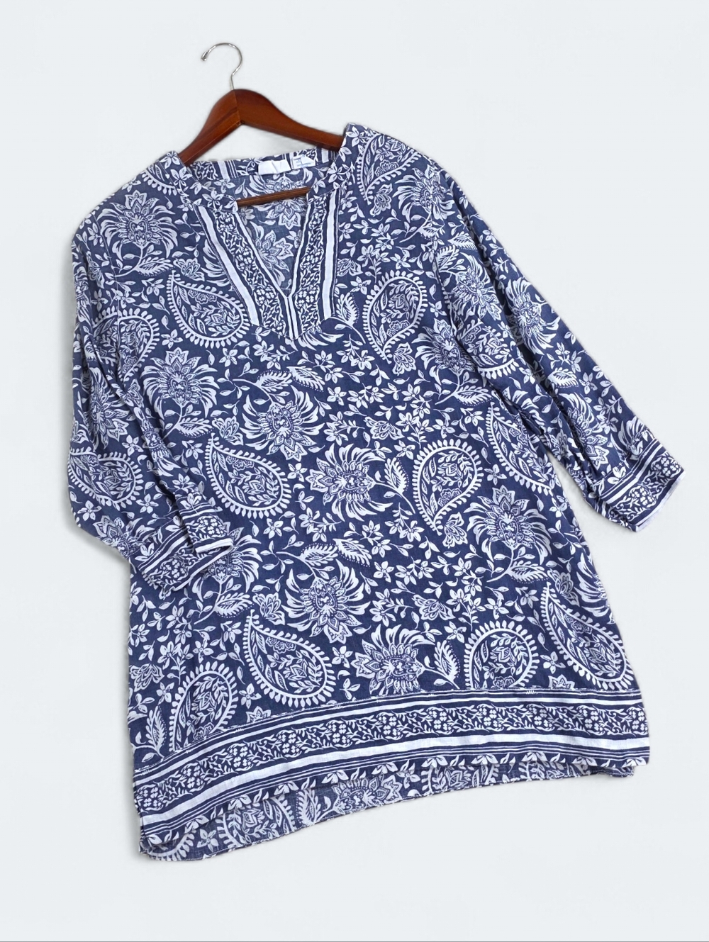 Sigrid Olsen 100% Linen Paisley Tunic Top | Blue & White Boho Coastal Size M